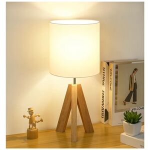 Small Beside Table Lamp, Wood Tripod Table Lamp with Fabric Shade, Cute White